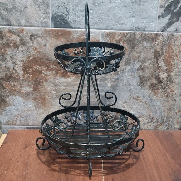 Two Tier Metal Fruit Basket Kitchen Storage Organizer 21" High Vines and Leaves - Picture 2 of 12